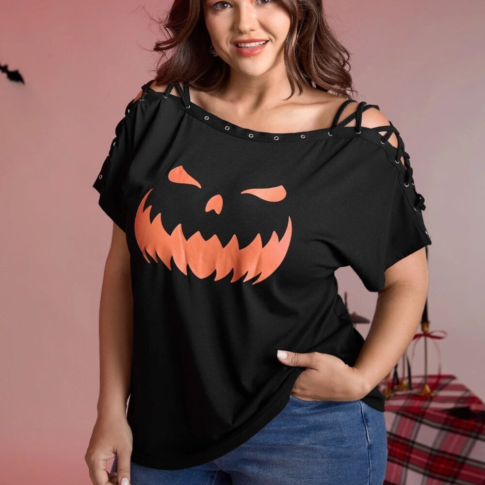 BloomChic Plus Size Halloween Pumpkin Graphic Lace-Up Shoulder Tee - NWT